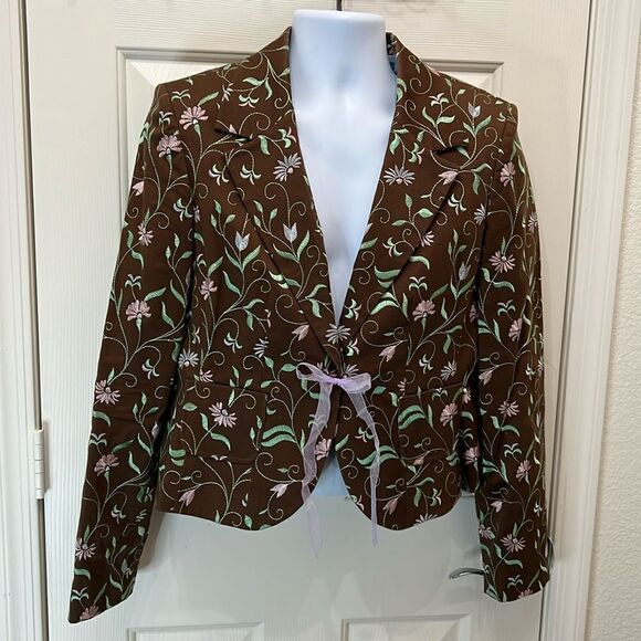 Isabel & Nina Jacket Blazer Women’s Sz 16 Brown Pink Green Embroidered Floral - Picture 1 of 11